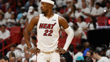Miami Heat forward Jimmy Butler (22) waits for play to resume during the second half of game two of the 2022 eastern conference finals(Jim Rassol-USA TODAY Sports)