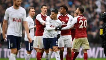LONDON, ENGLAND - FEBRUARY 10: Erik Lamela of Tottenham Hotspur speaks with Arsenal players following the Premier League match between Tottenham Hotspur and Arsenal at Wembley Stadium on February 10, 2018 in London, England. (Photo by Laurence Griffiths/Getty Images)