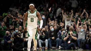 BOSTON, MASSACHUSETTS - DECEMBER 18: Josh Richardson #8 of the Boston Celtics reacts during the second half against the New York Knicks at TD Garden on December 18, 2021 in Boston, Massachusetts. NOTE TO USER: User expressly acknowledges and agrees that, by downloading and or using this photograph, User is consenting to the terms and conditions of the Getty Images License Agreement. (Photo by Maddie Malhotra/Getty Images)