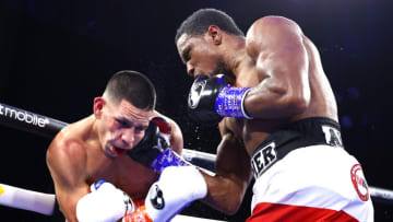 NEW YORK, NEW YORK - JUNE 11: Edgar Berlanga (L) and Alexis Angulo (R) exchange punches during their NABO super middleweight Championship fight, at The Hulu Theater at Madison Square Garden on June 11, 2022 in New York City. (Photo by Mikey Williams/Top Rank Inc via Getty Images)