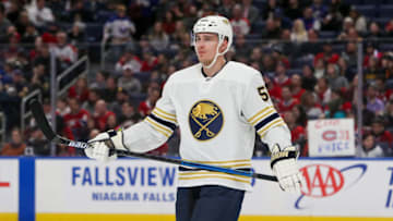 BUFFALO, NY - JANUARY 30: Rasmus Ristolainen #55 of the Buffalo Sabres waits for play to resume against the Montreal Canadiens during the third period of play at the KeyBank Center on January 30, 2020 in Buffalo, New York. (Photo by Nicholas T. LoVerde/Getty Images)