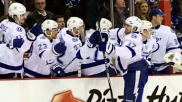 Jan 9, 2016; Vancouver, British Columbia, CAN; Tampa Bay Lightning forward Alex Killorn (17) celebrates his goal against Vancouver Canucks goaltender Jacob Markstrom (25) (not pictured) during the first period at Rogers Arena. Mandatory Credit: Anne-Marie Sorvin-USA TODAY Sports