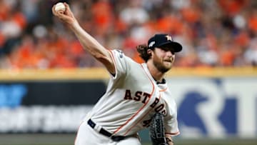 HOUSTON, TEXAS - OCTOBER 05: Gerrit Cole #45 of the Houston Astros pitches in the eighth inning of Game 2 of the ALDS against the Tampa Bay Rays at Minute Maid Park on October 05, 2019 in Houston, Texas. (Photo by Tim Warner/Getty Images)