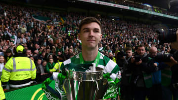 GLASGOW, SCOTLAND - MAY 19: Kieran Tierney of Celtic with the League Trophy during the Ladbrokes Scottish Premiership match between Celtic FC and Heart of Midlothian FC at Celtic Park on May 19, 2019 in Glasgow, Scotland. (Photo by Mark Runnacles/Getty Images)