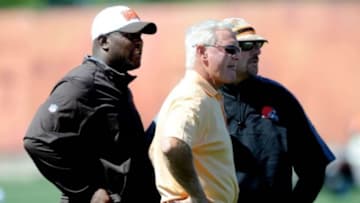 Jul 30, 2015; Berea, OH, USA; Cleveland Browns general manager Ray Farmer, Cleveland Browns head coach Mike Pettine and owner Jimmy Haslam during training camp at the Cleveland Browns practice facility. Mandatory Credit: Ken Blaze-USA TODAY Sports