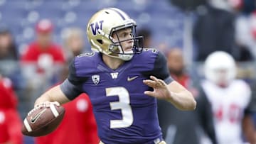 Sep 3, 2016; Seattle, WA, USA; Washington Huskies quarterback Jake Browning (3) throws out a pass against the Rutgers Scarlet Knights during the second quarter at Husky Stadium. Mandatory Credit: Jennifer Buchanan-USA TODAY Sports