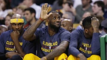 Apr 12, 2015; Boston, MA, USA; Cleveland Cavaliers forward LeBron James (23) waves to the fans as his team takes on the Boston Celtics in the second half at TD Garden. The Celtics defeated the Cleveland Cavaliers 117-78. Mandatory Credit: David Butler II-USA TODAY Sports