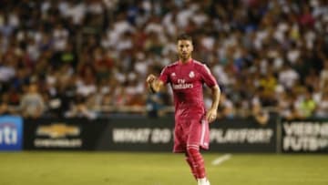 Jul 29, 2014; Dallas, TX, USA; Real Madrid defender Sergio Ramos (4) dribbles during the game against AS Roma at Cotton Bowl Stadium. Mandatory Credit: Kevin Jairaj-USA TODAY Sports