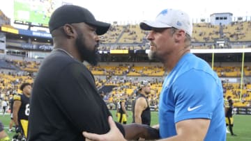 Aug 28, 2022; Pittsburgh, Pennsylvania, USA; Pittsburgh Steelers head coach Mike Tomlin (left) and Detroit Lions head coach Dan Campbell (right) shake hands after the game at Acrisure Stadium. Pittsburgh won 19-9. Mandatory Credit: Charles LeClaire-USA TODAY Sports