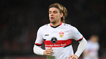 STUTTGART, GERMANY - NOVEMBER 26: Borna Sosa of VfB Stuttgart seen in action during the Bundesliga match between VfB Stuttgart and 1. FSV Mainz 05 at Mercedes-Benz Arena on November 26, 2021 in Stuttgart, Germany. (Photo by Matthias Hangst/Getty Images)