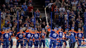 Apr 12, 2014; Edmonton, Alberta, CAN; Edmonton Oilers left wing Ryan Smyth (94) is acknowledged after his last game as an NHL player and Edmonton Oilers player after a game against the Vancouver Canucks at Rexall Place. Mandatory Credit: Chris Austin-USA TODAY Sports
