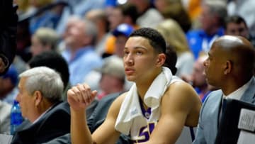 Mar 11, 2016; Nashville, TN, USA; LSU Tigers forward Ben Simmons (25) sits on the bench during the first half of game seven of the SEC tournament against the Tennessee Volunteers at Bridgestone Arena. Mandatory Credit: Jim Brown-USA TODAY Sports