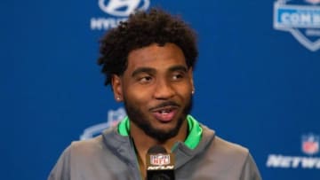 Feb 25, 2016; Indianapolis, IN, USA; Ohio State wide receiver Braxton Miller speaks to the media during the 2016 NFL Scouting Combine at Lucas Oil Stadium. Mandatory Credit: Trevor Ruszkowski-USA TODAY Sports