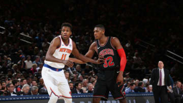 NEW YORK, NY - JANUARY 10: Kris Dunn #32 of the Chicago Bulls guards Frank Ntilikina #11 of the New York Knicks on January 10, 2018 at Madison Square Garden in New York City, New York. NOTE TO USER: User expressly acknowledges and agrees that, by downloading and or using this photograph, User is consenting to the terms and conditions of the Getty Images License Agreement. Mandatory Copyright Notice: Copyright 2018 NBAE (Photo by Steven Freeman/NBAE via Getty Images)