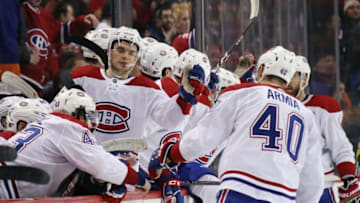 NEW YORK, NEW YORK - MARCH 03: The Montreal Canadiens celebrate (Photo by Bruce Bennett/Getty Images)