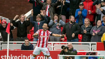 19th August 2017, bet365 Stadium, Stoke-on-Trent, England; EPL Premier League football, Stoke City versus Arsenal; Jese Rodriguez of Stoke City celebrates scoring the opening goal of the game in the 50th minute (Photo by Conor Molloy/Action Plus via Getty Images)