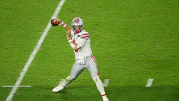 MIAMI GARDENS, FL - JANUARY 11: Justin Fields #1 of the Ohio State Buckeyes drops back to pass against the Alabama Crimson Tide during the College Football Playoff National Championship held at Hard Rock Stadium on January 11, 2021 in Miami Gardens, Florida. (Photo by Jamie Schwaberow/Getty Images)