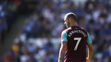 LEICESTER, ENGLAND - MAY 05: Marko Arnautovic of West Ham United looks on during the Premier League match between Leicester City and West Ham United at The King Power Stadium on May 5, 2018 in Leicester, England. (Photo by Laurence Griffiths/Getty Images)