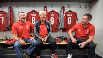 DORTMUND, GERMANY - AUGUST 11: John Aldridge, Ian Rush and Robert Fowler of the FC Liverpool Legends joking in the cabin before the friendly game Borussia Dortmund Legends - FC Liverpool Legends during the session opening of the Borussia Dortmund on August 11, 2018 in Dortmund, Germany. (Photo by Thomas Lohnes/Getty Images)