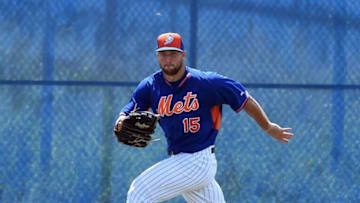 Sep 28, 2016; Port St. Lucie, FL, USA; New York Mets player Tim Tebow fields a ground ball during his first at bat during an instructional league game against the St. Louis Cardinals instructional league team. Mandatory Credit: Jeremiah Wilson/Treasure Coast News via USA TODAY Sports