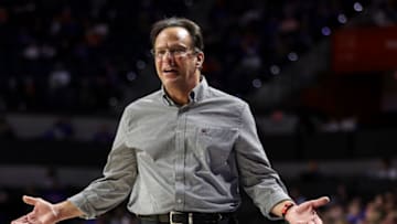 GAINESVILLE, FLORIDA - FEBRUARY 09: head coach Tom Crean of the Georgia Bulldogs reacts to a call during the second half of a game against the Florida Gators at the Stephen C. O'Connell Center on February 09, 2022 in Gainesville, Florida. (Photo by James Gilbert/Getty Images)