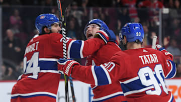 MONTREAL, QC - OCTOBER 17: Brendan Gallagher #11 of the Montreal Canadiens celebrates with teammates after scoring the winning goal against of the St. Louis Blues in the NHL game at the Bell Centre on October 17, 2018 in Montreal, Quebec, Canada. (Photo by Francois Lacasse/NHLI via Getty Images)
