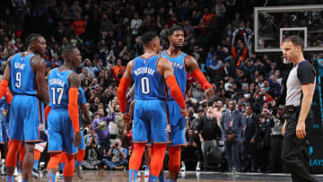 Brooklyn Nets Paul George Russell Westbrook. Mandatory Copyright Notice: Copyright 2018 NBAE (Photo by Nathaniel S. Butler/NBAE via Getty Images)
