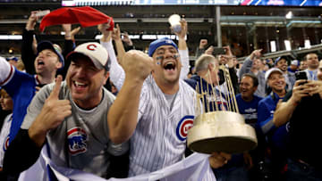 CLEVELAND, OH - NOVEMBER 2: Chicago Cubs fans celebrate in the stands after the Cubs defeated the Cleveland Indians in Game 7 of the 2016 World Series at Progressive Field on Wednesday, November 2, 2016 in Cleveland, Ohio. (Photo by Rob Tringali/MLB Photos via Getty Images)