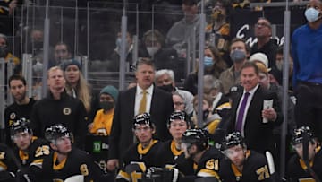 Nov 26, 2021; Boston, Massachusetts, USA; Boston Bruins head coach Bruce Cassidy looks on from the bench during the third period against the New York Rangers at TD Garden. Mandatory Credit: Bob DeChiara-USA TODAY Sports