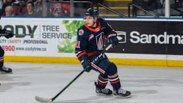 KELOWNA, BC - JANUARY 11: Logan Stankoven #11 of the Kamloops Blazers skates against the Kelowna Rockets at Prospera Place on January 11, 2020 in Kelowna, Canada. (Photo by Marissa Baecker/Getty Images)
