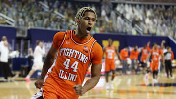 ANN ARBOR, MICHIGAN - MARCH 02: Adam Miller #44 of the Illinois Fighting Illini celebrates a second half three point basket while playing the Michigan Wolverines at Crisler Arena on March 02, 2021 in Ann Arbor, Michigan. (Photo by Gregory Shamus/Getty Images)