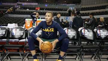 MEXICO CITY, MX - DECEMBER 15: Dante Exum #11 of the Utah Jazz looks on prior to the game against the Orlando Magic as part of the NBA Mexico Games 2018 on December 15, 2018 at Arena Ciudad de Mexico in Mexico City, Mexico. NOTE TO USER: User expressly acknowledges and agrees that, by downloading and or using this Photograph, user is consenting to the terms and conditions of the Getty Images License Agreement. Mandatory Copyright Notice: Copyright 2018 NBAE (Photo by David Sherman/NBAE via Getty Images)