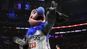Dec 7, 2016; Los Angeles, CA, USA; The LA Clippers mascot Chuck celebrates during the second quarter against the Golden State Warriors at Staples Center. Mandatory Credit: Richard Mackson-USA TODAY Sports