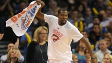 Nov 4, 2015; Oklahoma City, OK, USA; Oklahoma City Thunder forward Kevin Durant (35) reacts after a play in action against the Oklahoma City Thunder during the fourth quarter at Chesapeake Energy Arena. Mandatory Credit: Mark D. Smith-USA TODAY Sports