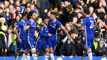 LONDON, ENGLAND - FEBRUARY 04: Eden Hazard of Chelsea celebrates with uteam-mates after scoring his team's second goal during the Premier League match between Chelsea and Arsenal at Stamford Bridge on February 4, 2017 in London, England. (Photo by Mike Hewitt/Getty Images)