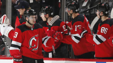 NEWARK, NJ - DECEMBER 18: Nico Hischier #13 of the New Jersey Devils celebrates his second period goal during the game against the Anaheim Ducks at the Prudential Center on December 18, 2019 in Newark, New Jersey. (Photo by Andy Marlin/NHLI via Getty Images)