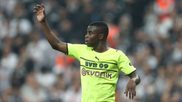 ISTANBUL, TURKEY - SEPTEMBER 15: Youssoufa Moukoko of Borussia Dortmund reacts during the UEFA Champions League group C match between Besiktas and Borussia Dortmund at Vodafone Park on September 15, 2021 in Istanbul, Turkey. (Photo by Alex Grimm/Getty Images)