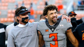 Mike Gundy, Spencer Sanders, Oklahoma State Cowboys. (Mandatory Credit: Sarah Phipps-USA TODAY Sports)