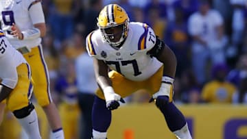 BATON ROUGE, LA - OCTOBER 13: Saahdiq Charles #77 of the LSU Tigers guards during a game against the Georgia Bulldogs at Tiger Stadium on October 13, 2018 in Baton Rouge, Louisiana. (Photo by Jonathan Bachman/Getty Images)