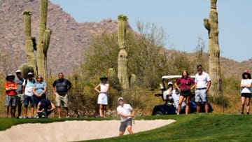 May 26, 2023; Scottsdale, Arizona, USA; Illinois golfer Adrien Dumont de Chassart plays from a green side bunker on the 18th hole during the first round of the 2023 NCAA Division I MenÕs Golf Championships at Grayhawk Golf Club. Mandatory Credit: Rob Schumacher-Arizona Republic