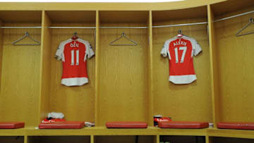 LONDON, ENGLAND - APRIL 17: Mesut Ozil and Alexis Sanchez Arsenal shirts hangs in the changingroom before the Barclays Premier League match between Arsenal and Crystal Palace at Emirates Stadium on April 17th, 2016 in London, England (Photo by David Price/Arsenal FC via Getty Images)