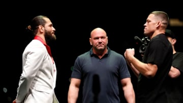 NEW YORK, NEW YORK - SEPTEMBER 19: Jorge Masvidal and Nate Diaz face off during a press conference ahead of UFC 244 at The Rooftop at Pier 17 on September 19, 2019 in New York City. (Photo by Michael Owens/Zuffa LLC/Zuffa LLC)