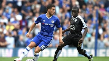 LONDON, ENGLAND - MAY 15: Eden Hazard of Chelsea is closed down by N'Golo Kante of Leicester City during the Barclays Premier League match between Chelsea and Leicester City at Stamford Bridge on May 15, 2016 in London, England. (Photo by Michael Regan/Getty Images)