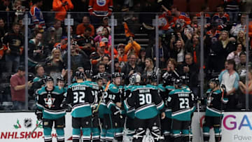 ANAHEIM, CA - NOVEMBER 23: Ryan Miller #30, Jacob Larsson #32 , Brian Gibbons #23, Ryan Getzlaf #15, Josh Manson #42 and Andrew Cogliano #7 celebrate a goal by Rickard Rakell #67 of the Anaheim Ducks in the overtime period to defeat the Edmonton Oilers 2-1 ina game at Honda Center on November 23, 2018 in Anaheim, California. (Photo by Sean M. Haffey/Getty Images)
