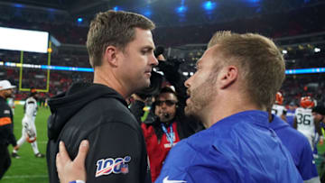 Oct 27, 2019; London, United Kingdom; Cincinnati Bengals head coach Zac Taylor (left) shakes hands with Los Angeles Rams head coach Sean McVay after an NFL International Series game at Wembley Stadium. The Rams defeated the Bengals 24-10. Mandatory Credit: Kirby Lee-USA TODAY Sports
