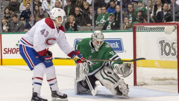 Dec 19, 2015; Dallas, TX, USA; Dallas Stars goalie Antti Niemi (31) stops a breakaway shot by Montreal Canadiens left wing Daniel Carr (43) during the third period at the American Airlines Center. The Stars defeat the Canadiens 6-2. Mandatory Credit: Jerome Miron-USA TODAY Sports