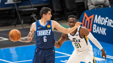 Gabriel Deck #6 of the Oklahoma City Thunder backs his way to the basket against Miye Oni #81 of the Utah Jazz at Chesapeake Energy Arena on May 14, 2021 in Oklahoma City, Oklahoma. NOTE TO USER: User expressly acknowledges and agrees that, by downloading and or using this photograph, User is consenting to the terms and conditions of the Getty Images License Agreement. (Photo by Wesley Hitt/Getty Images)