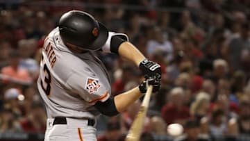 PHOENIX, AZ - JULY 01: Austin Slater #53 of the San Francisco Giants hits a RBI single against the Arizona Diamondbacks during the third inning of the MLB game at Chase Field on July 1, 2018 in Phoenix, Arizona. (Photo by Christian Petersen/Getty Images)