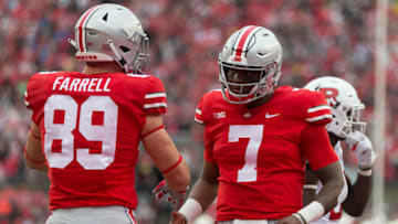 COLUMBUS, OH - SEPTEMBER 08: Tight end Luke Farrell (89) of the Ohio State Buckeyes celebrates with quarterback Dwayne Haskins (7) of the Ohio State Buckeyes after scoring a touchdown in a game between the Ohio State Buckeyes and the Rutgers Scarlet Nights on September 08, 2018 at Ohio Stadium in Columbus, Ohio. (Photo by Adam Lacy/Icon Sportswire via Getty Images)