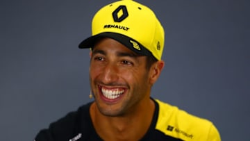 NORTHAMPTON, ENGLAND - JULY 11: Daniel Ricciardo of Australia and Renault Sport F1 talks in the Drivers Press Conference during previews ahead of the F1 Grand Prix of Great Britain at Silverstone on July 11, 2019 in Northampton, England. (Photo by Dan Istitene/Getty Images)